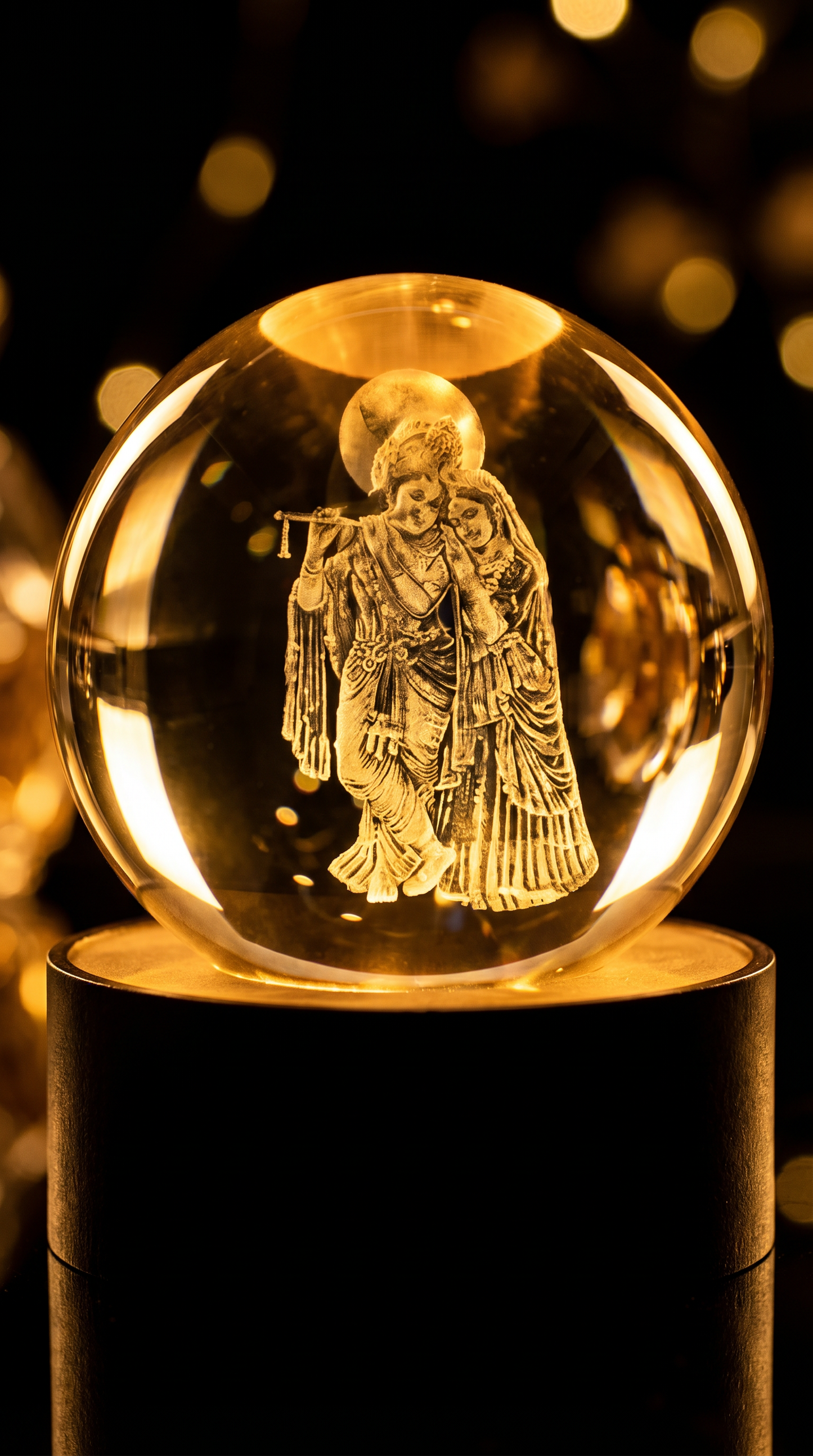 3D Crystal Night Lamp with Wooden Base, USB Powered Decorative Light - Standing Radha Krishna