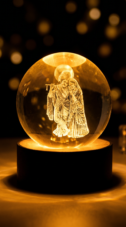 3D Crystal Night Lamp with Wooden Base, USB Powered Decorative Light - Standing Radha Krishna