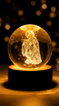 3D Crystal Night Lamp with Wooden Base, USB Powered Decorative Light - Standing Radha Krishna