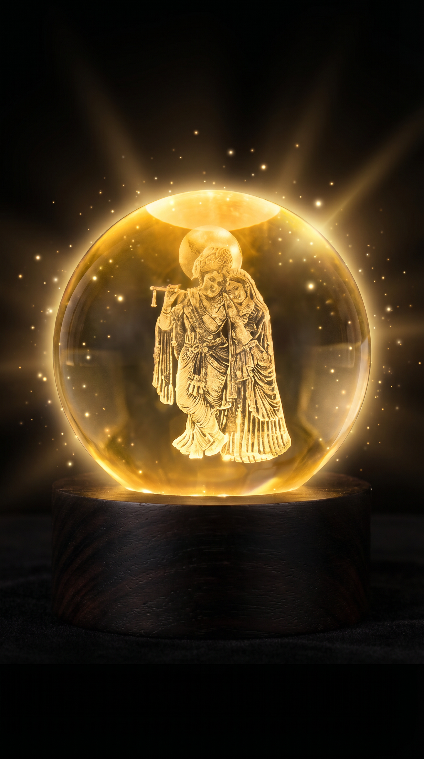 3D Crystal Night Lamp with Wooden Base, USB Powered Decorative Light - Standing Radha Krishna