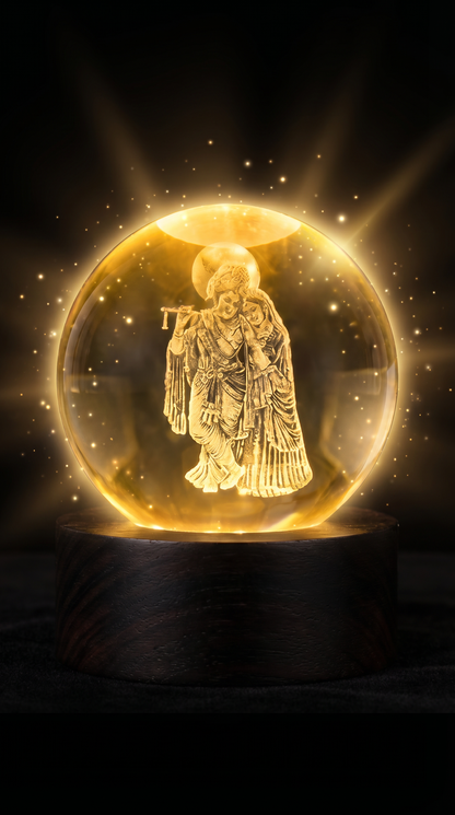 3D Crystal Night Lamp with Wooden Base, USB Powered Decorative Light - Standing Radha Krishna